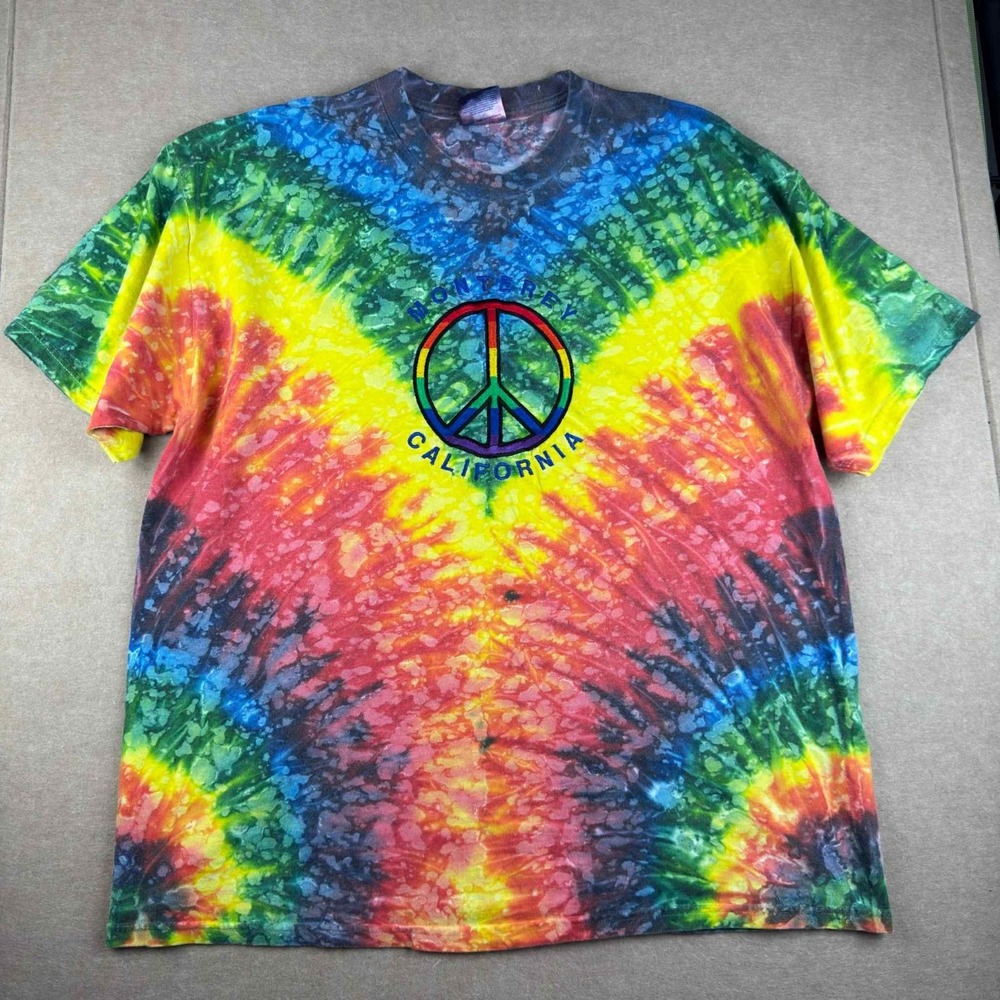 Y2K Hanes Shirt Men's XL Rainbow Tie Dye Monterey California Peace Sign‎ Graphic